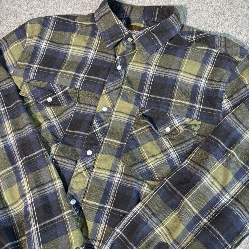 Outdoor Casuals Western Pearl Snap Shirt Mens Large Plaid Green Long Sleeve‎